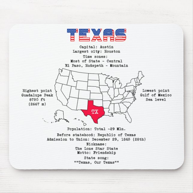 Texas American state on a map and useful info Mouse Mat (Front)