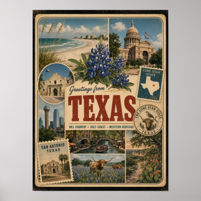 Texas Authentic Vintage Style Postcard Poster (Front)