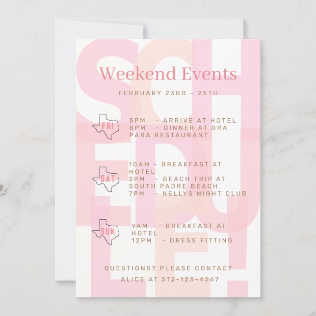 Texas Bachelorette Weekend Events Invitation (Front)