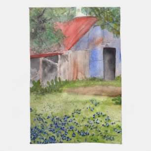 Texas Barn Watercolor Painting Kitchen Towel