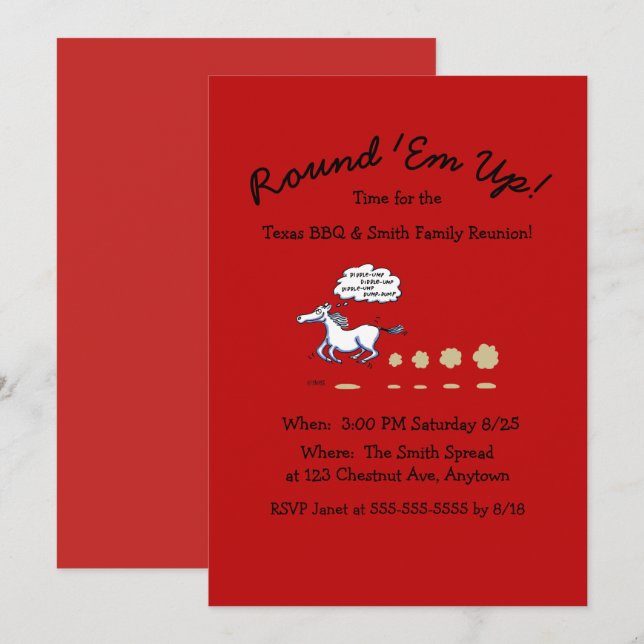 Texas BBQ Family Reunion Cartoon Horse Invitation (Front/Back)