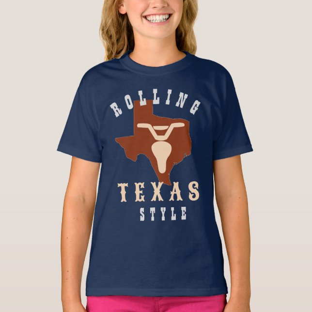 Texas Bike Steer Rolling Texas Style T-Shirt (Front)