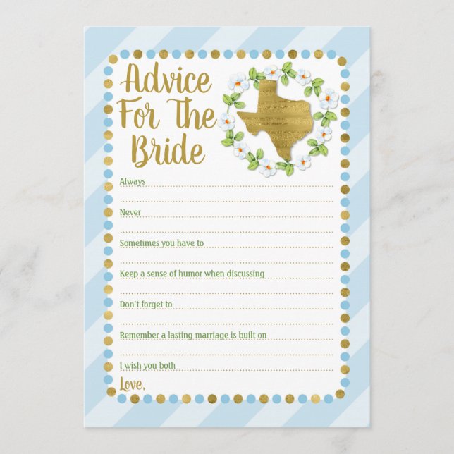 Texas Blue Gold Advice For The Bride Shower Game (Front)