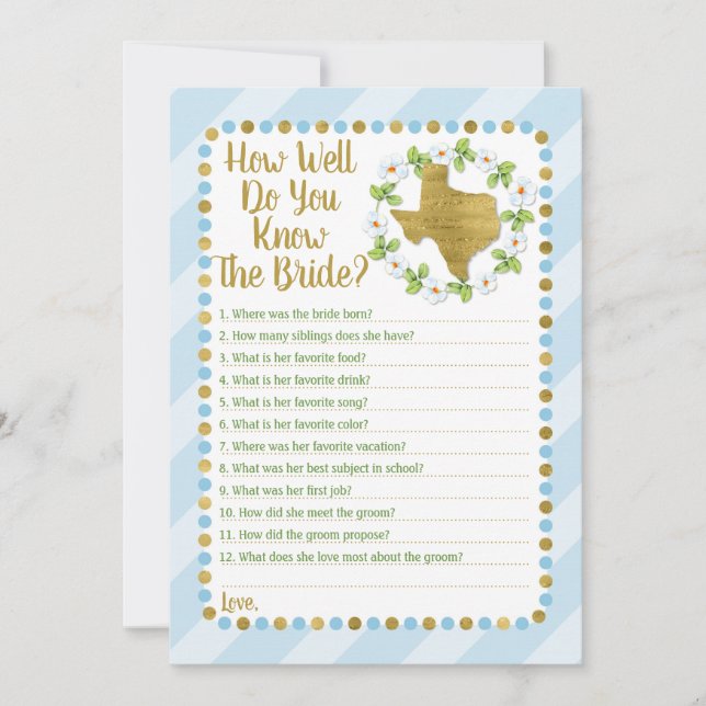 Texas Blue How Well Do You Know The Bride Game Invitation (Front)
