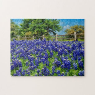 Texas Bluebonnet Flowers Country Fence Art Puzzle