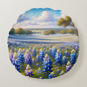 Texas Bluebonnet Meadow Landscape Round Cushion