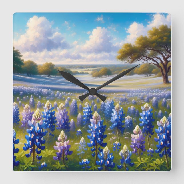 Texas Bluebonnet Meadow Landscape Square Wall Clock (Front)