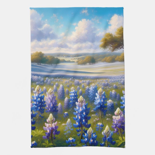 Texas Bluebonnet Meadow Landscape Tea Towel (Vertical)