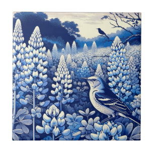 Texas Bluebonnets and Northern Mockingbird Texan   Tile