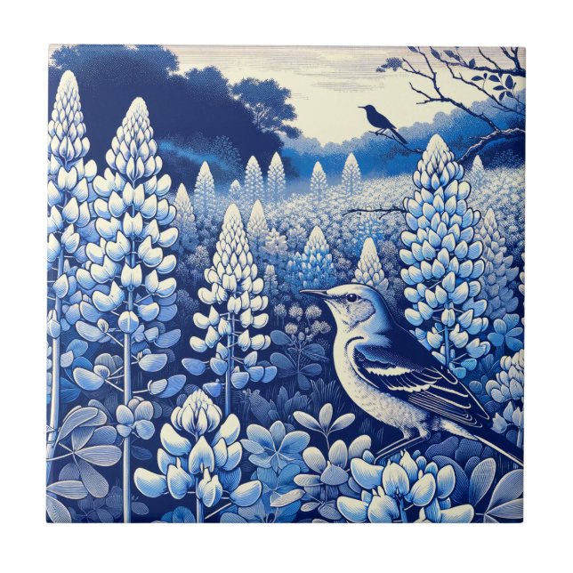Texas Bluebonnets and Northern Mockingbird Texan   Tile (Front)
