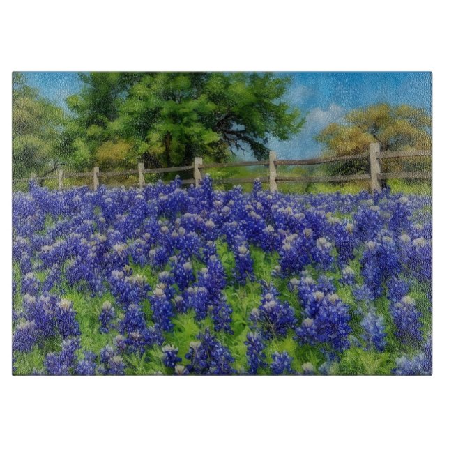 Texas Bluebonnets Blue Flowers Art Glass Cutting Board (Front)