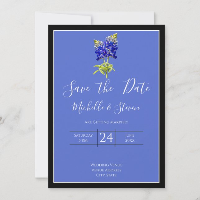 Texas Bluebonnets on Blue Spring Wedding Save Date Invitation (Front)