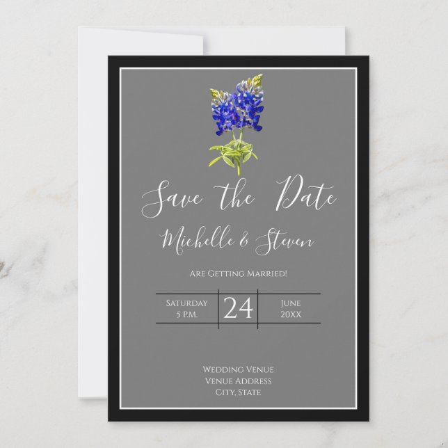 Texas Bluebonnets on Dark Grey, Spring, Save Date Invitation (Front)