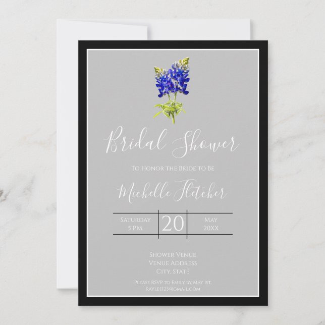 Texas Bluebonnets on Light Grey, Spring, Bridal Invitation (Front)
