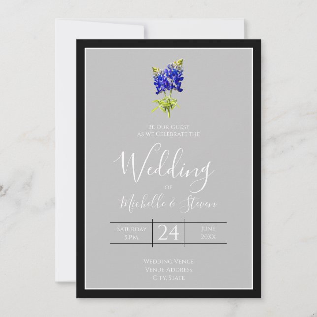 Texas Bluebonnets on Light Grey, Spring Wedding Invitation (Front)