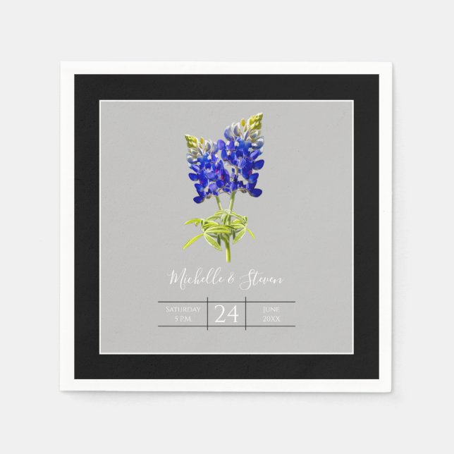 Texas Bluebonnets on Light Grey, Spring Wedding Napkin (Front)