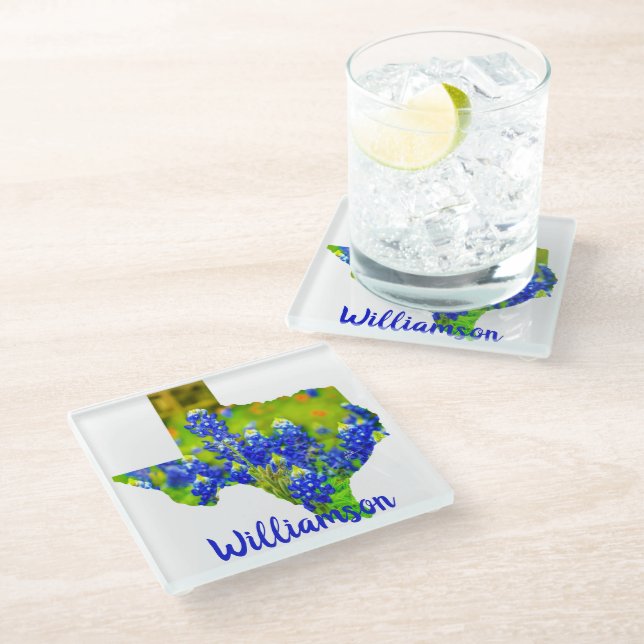 Texas Bluebonnets State of Texas w Name Glass Coaster (Angled)