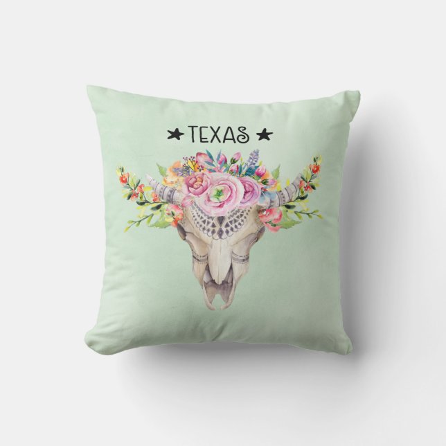 Texas Boho Cow Skull With Flowers Chic Trendy Cushion (Front)