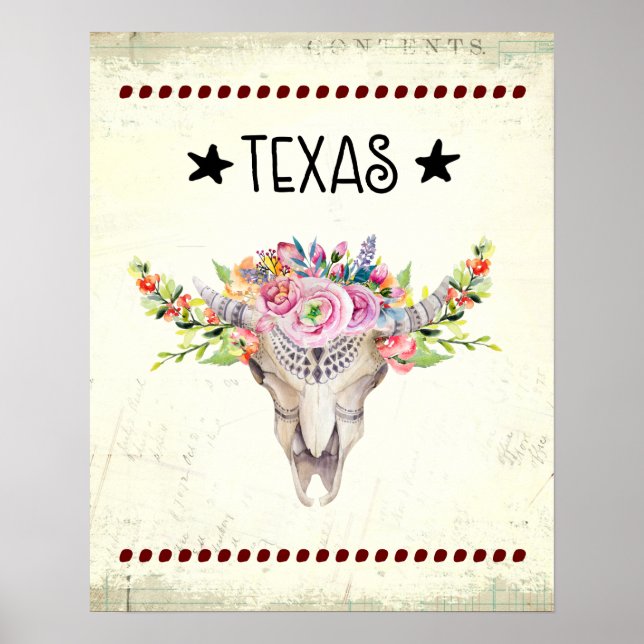 Texas Boho Cow Skull With Flowers Chic Trendy Poster (Front)