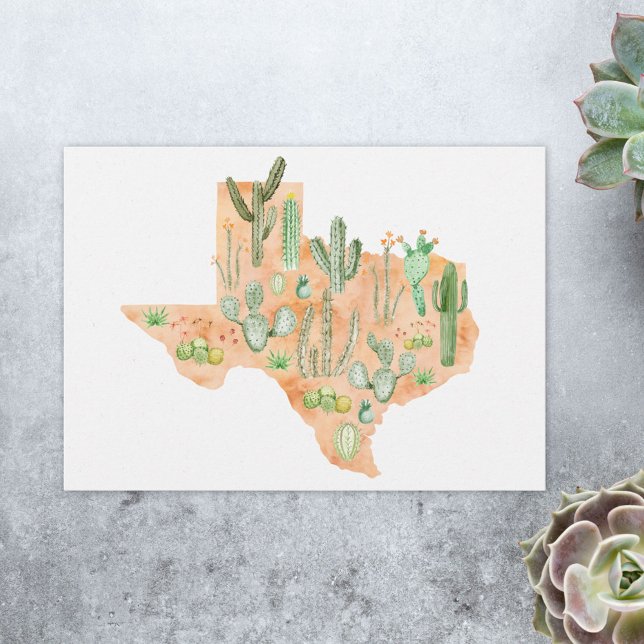 Texas Cactus Watercolor Illustration Map Flat Card (Close up)