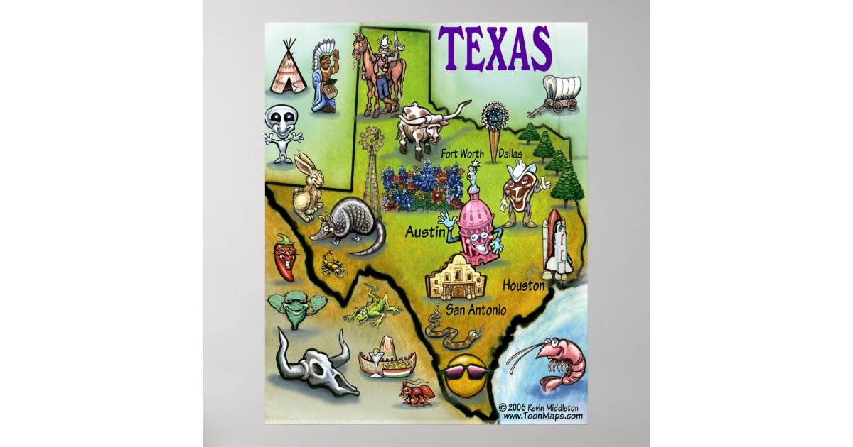 Texas Cartoon Map Poster Zazzle
