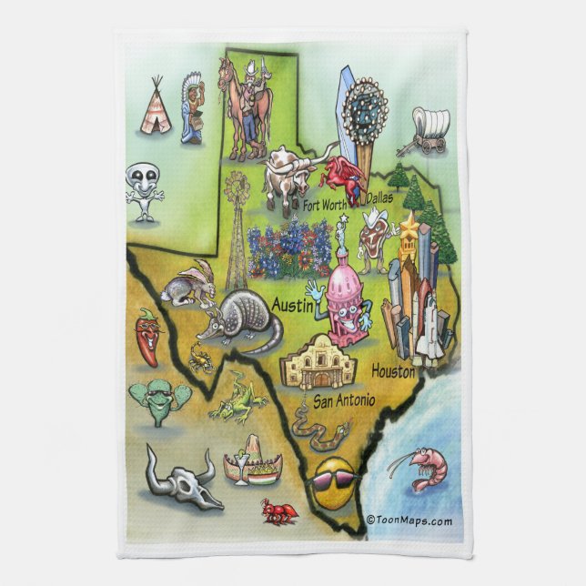 Texas Cartoon Map Tea Towel (Vertical)