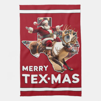Texas Christmas Merry Texmas Santa Reindeer Rodeo Tea Towel