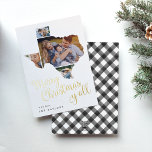 Texas Christmas | Photo Collage Foil Holiday Card<br><div class="desc">Merry Christmas, y'all! This cute Texas holiday card features the saying in whimsical gold foil script lettering beneath a silhouette of the state of Texas, holding four of your favourite photos. Personalise with your custom greeting and names along the bottom. Cards reverse to a handpainted black and white buffalo plaid...</div>