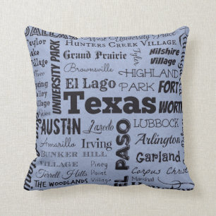 Texas Cities Typography throw pillow, blue Cushion