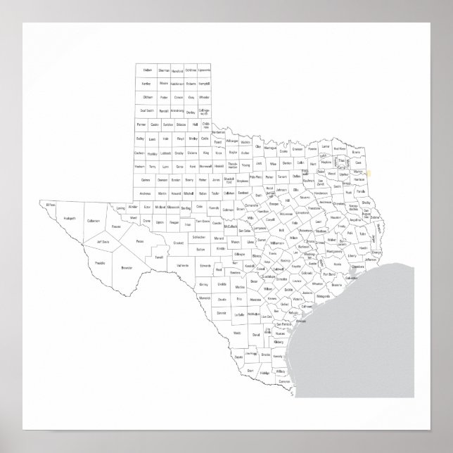 Texas Counties Map with county names Poster (Front)