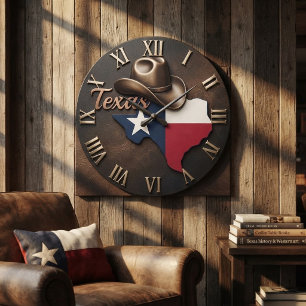 Texas Cowboy Hat Flag Leather Large Clock