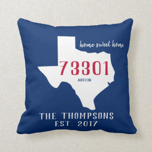 Texas Custom Town Zip Code Home Pillow Blue Red