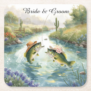Texas Fishing Wedding Square Paper Coaster