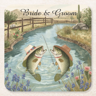 Texas Fishing Wedding Square Paper Coaster