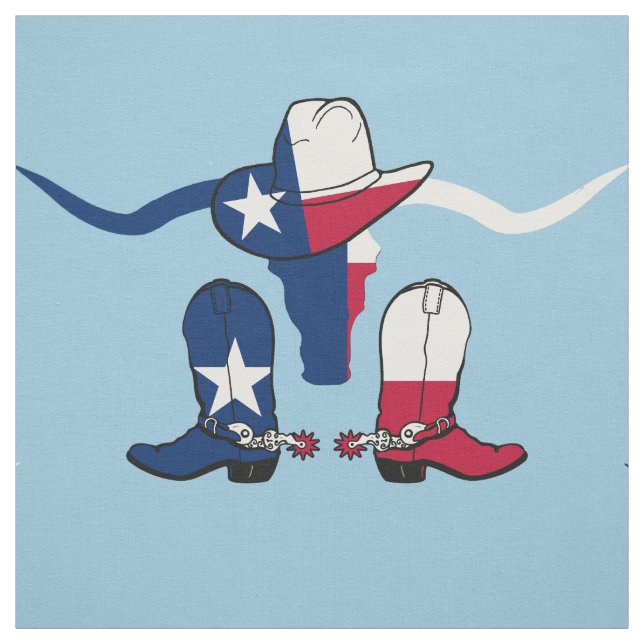 Texas Flag Steer, Boots and Cowboy Hat On Lt BLue Fabric (Swatch)