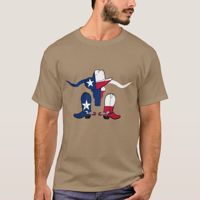 Texas Flag Steer Head With Cowboy Hat and Boots T-Shirt (Front)