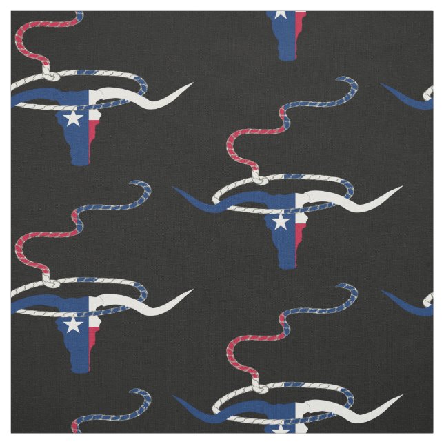 Texas Flag Steer Head With Rope on Black fabric (Swatch)
