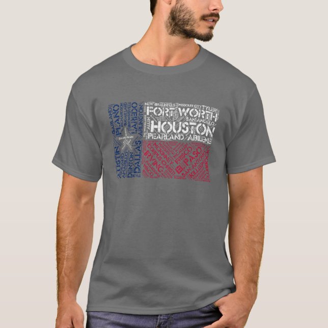 Texas Flag with City Names Word Art T-Shirt (Front)