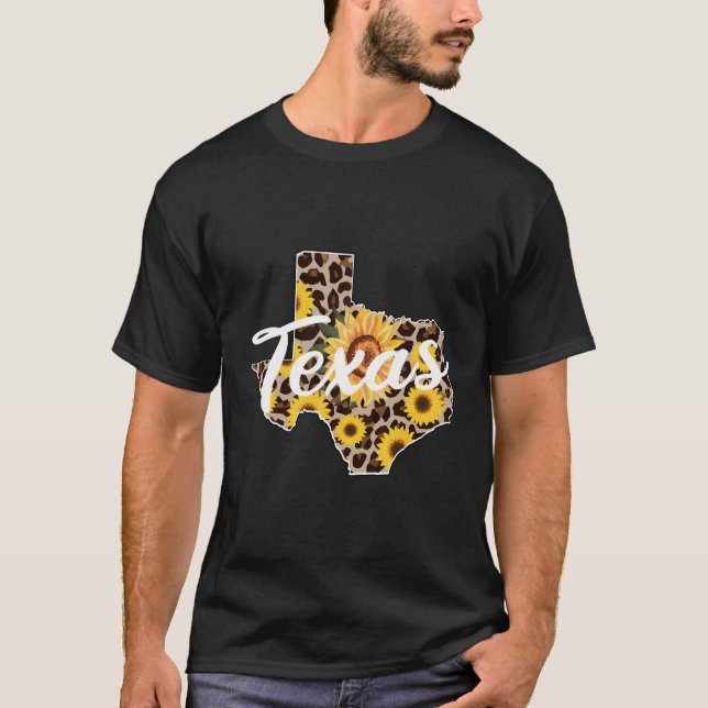 Texas Girl Sunflower Leopard Rustic Black State Pr T-Shirt (Front)