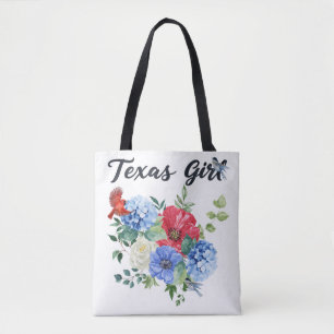 Texas Girl with Red/White/Blue Flowers & Birds Tote Bag