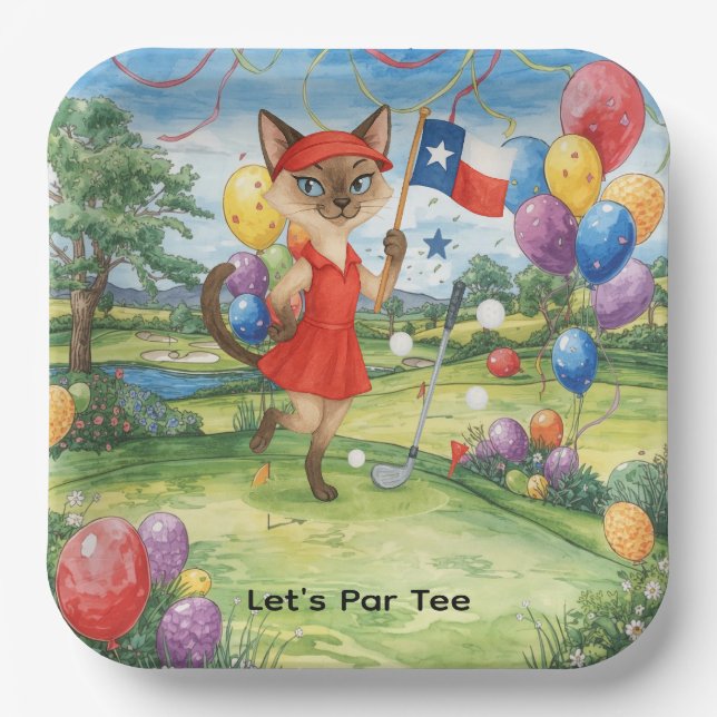 Texas Golf  Birthday Party on green for cat lovers Paper Plate (Front)