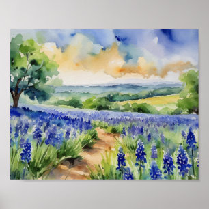Texas Hill Country Blue Bonnet Watercolor Poster