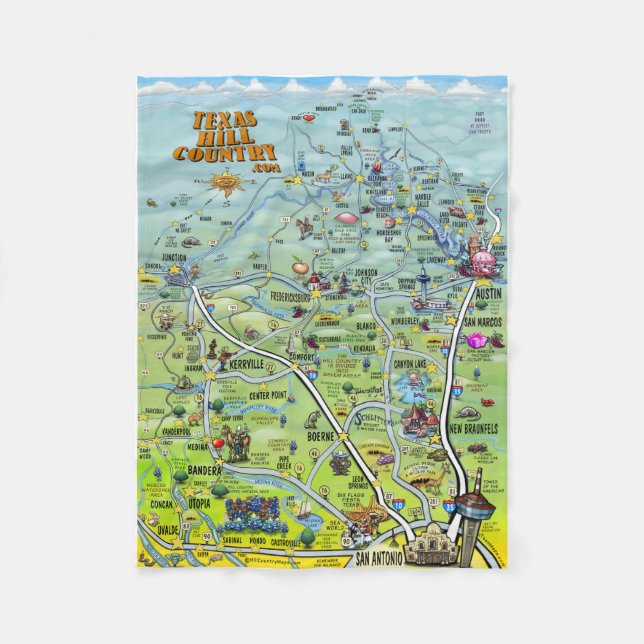 Texas Hill Country Cartoon Map Fleece Blanket (Front)