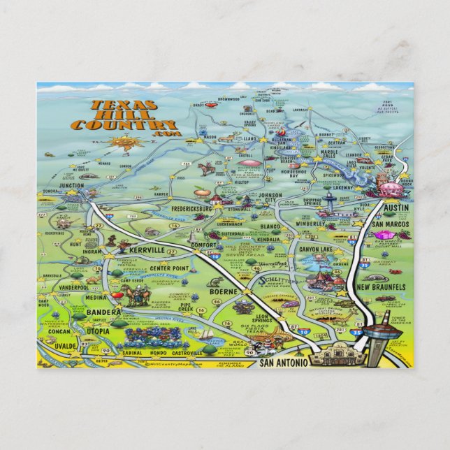 Texas Hill Country Cartoon Map Postcard (Front)