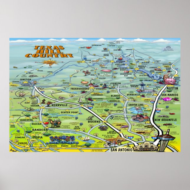 Texas Hill Country Cartoon Map Poster (Front)