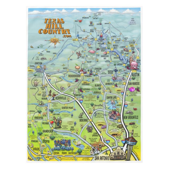 Texas Hill Country Cartoon Map Tablecloth (Front)