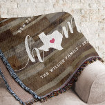 Texas Home State Personalised Wood Look Throw Blanket<br><div class="desc">Show some home state pride with this cute rustic faux wood plank throw blanket featuring "home" in white calligraphy script lettering with a silhouette map of the state of Texas standing in for the letter "O." A pink heart illustration inside the state map completes the design; you can change the...</div>