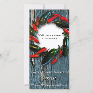 Texas Hot Pepper Wreath Blue Wood Christmas Card
