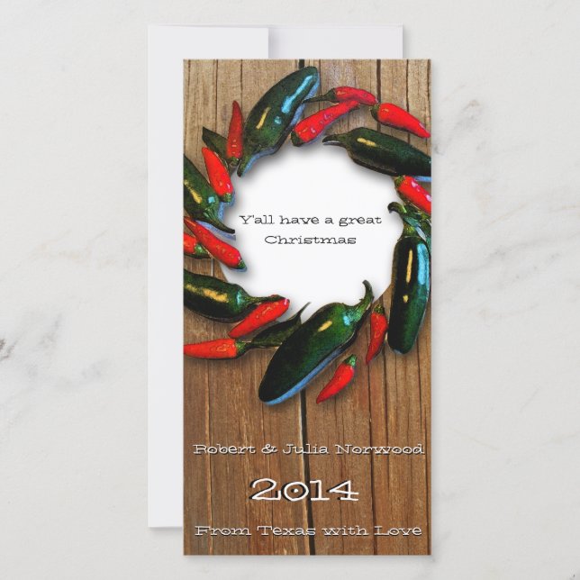 Texas Hot Pepper Wreath Wood Christmas Card (Front)