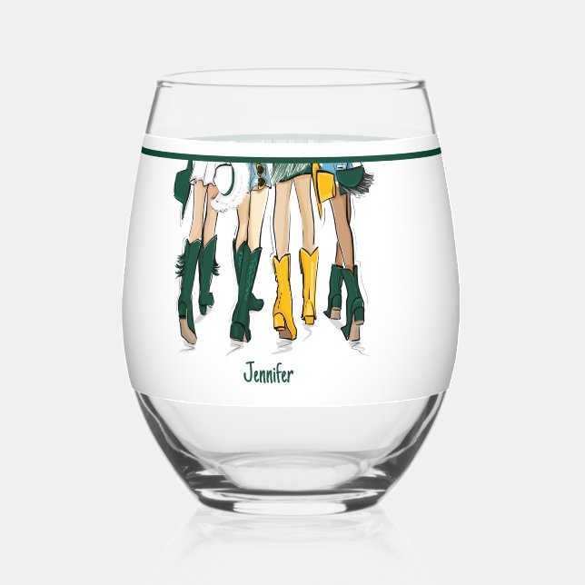 Texas Ladies Fashion Cowboy Boot Gold Green Stemless Wine Glass (Front)